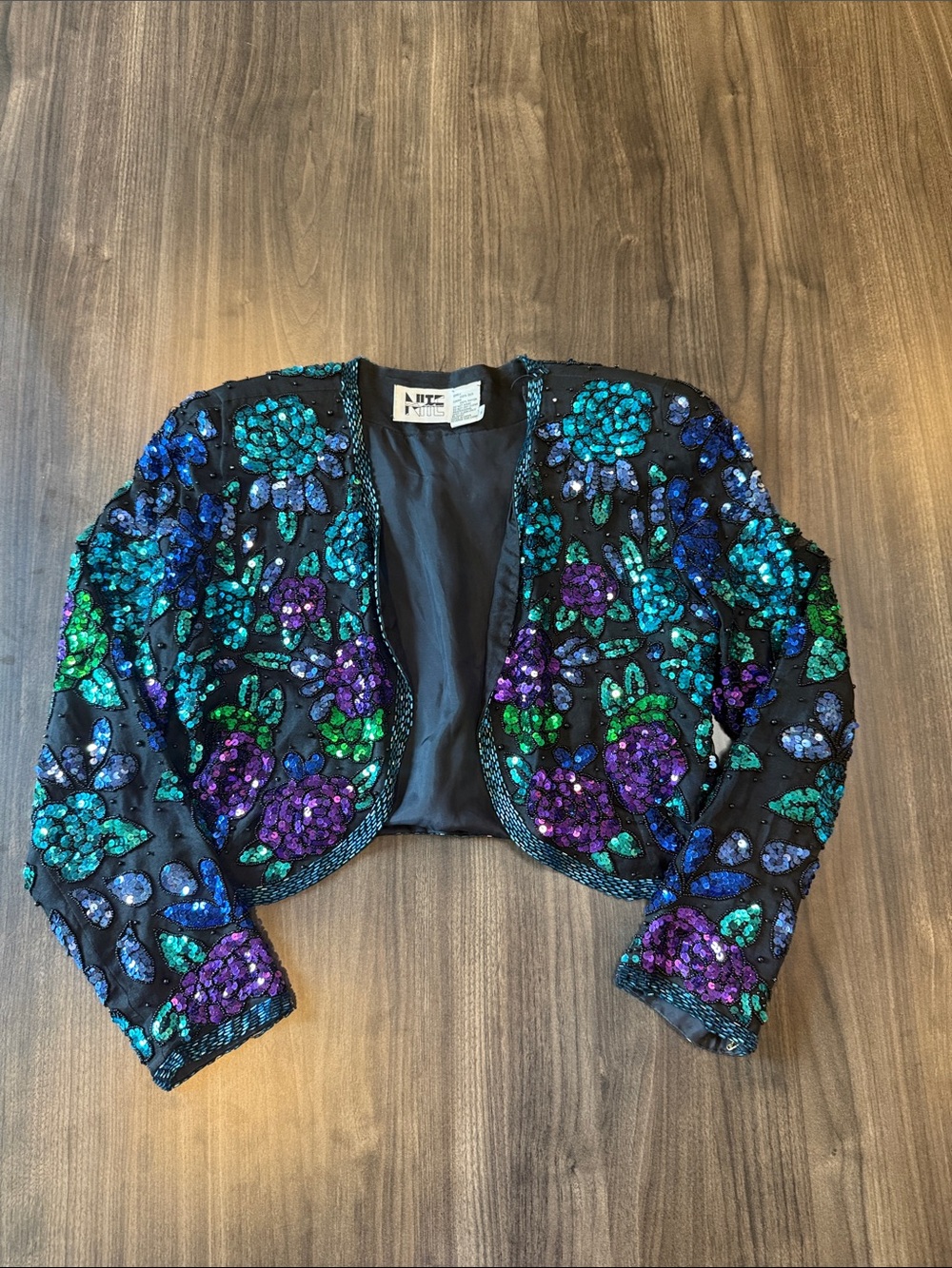Vintage Nite Line Silk Sequin Beaded Floral Jacket Size M 80s 90s Evening